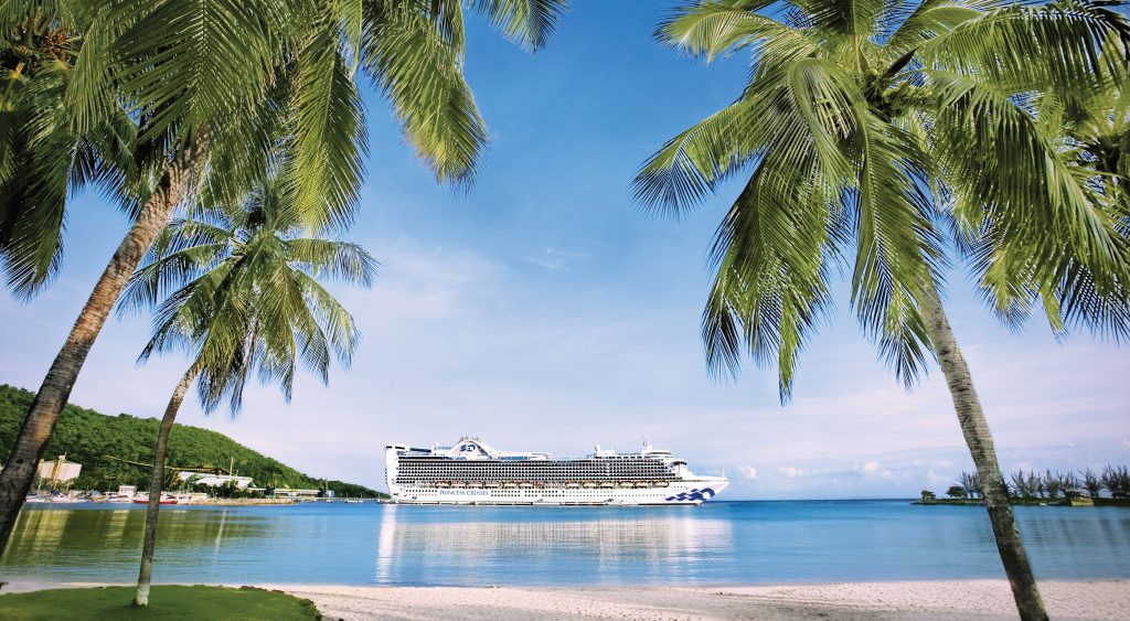 Crucero visto desde una playa en Bahamas de arena blanca y palmeras