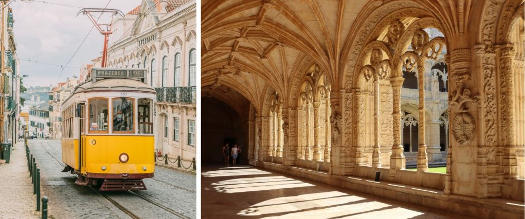 Collage de imágenes en Lisboa; a la izquierda se ve un tranvía en una calle y, a la derecha, el histórico Monasterio de los Jerónimos