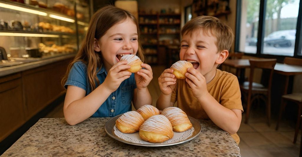 Imagen de unos niños comiendo dos sfogliatella en su escala de cruceros en Nápoles