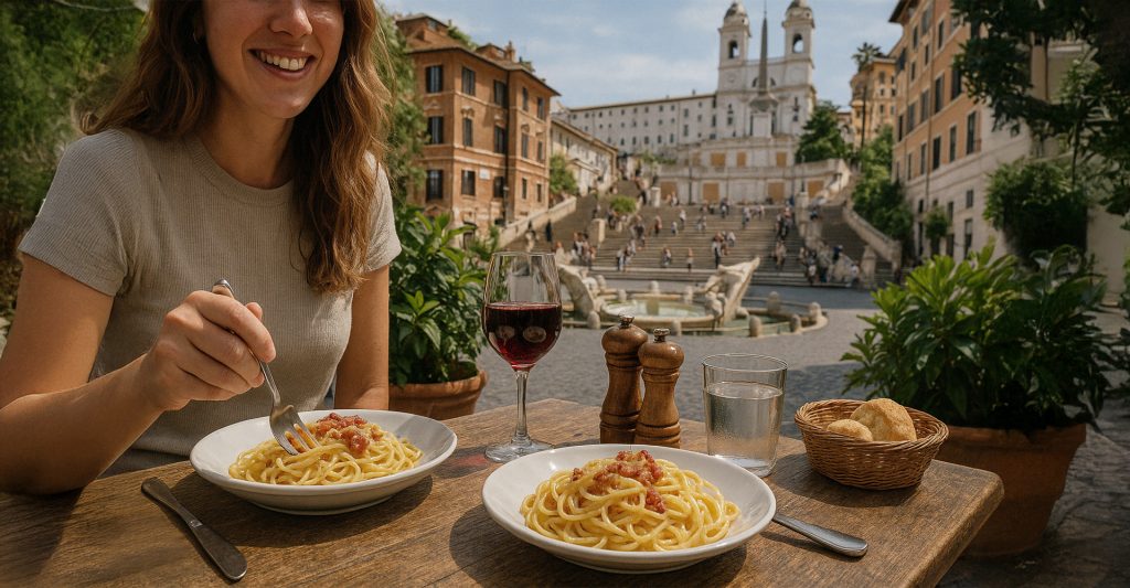 Imagen de una mujer comiendo pasta Carbonara con su pareja en una plaza en Roma en su Escala de Crucero