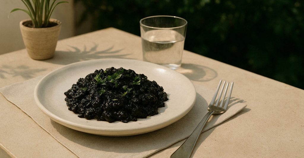 Imagen detalle de un Risotto al nero di Seppia realizada en Venecia