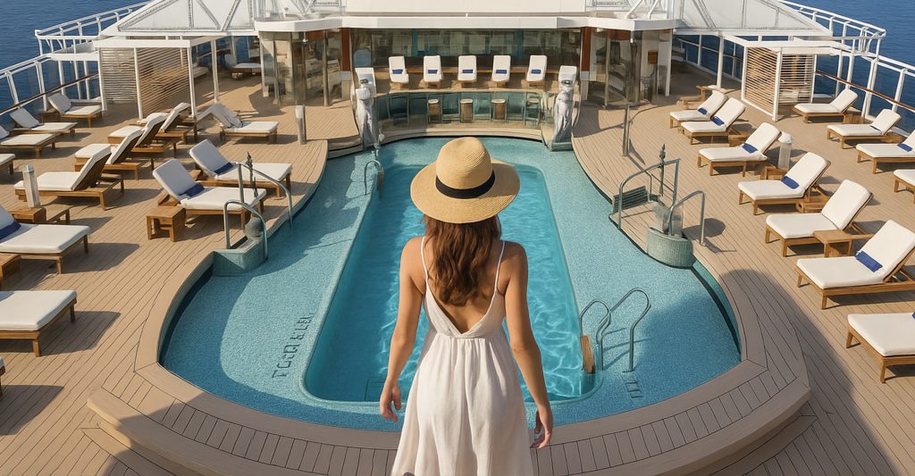 Imagen de una mujer en una piscina de un crucero MSC Guía de Expertos: Imagen de una mujer mirando una piscina a bordo de un crucero MSC