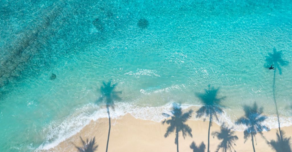 Vista aérea de playa de arena blanca en itinerario de crucero por el Pacífico