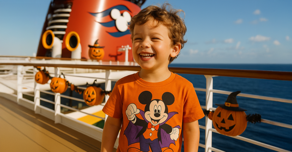 Imagen de un niño a bordo de un crucero Disney Cruise ambientado con decoraciones de Halloween. 