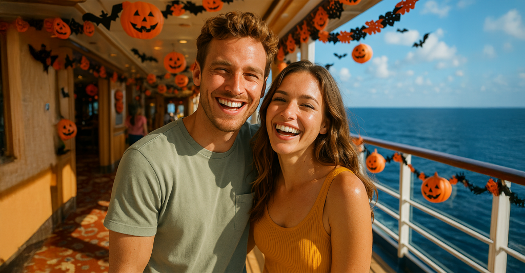 Imagen de una pareja a bordo de un amplio crucero decorado de Halloween con vistas al mar