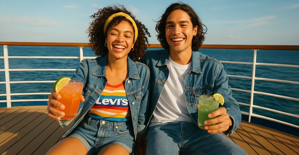 Imagen de un par de amigos brindando con sus cocktails a bordo de un crucero en medio del mar