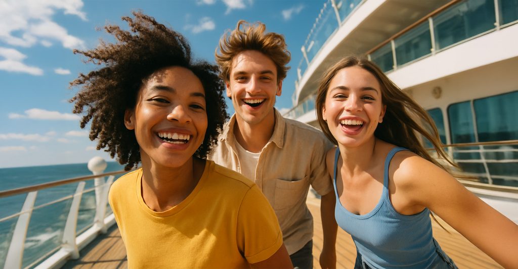 Selfie de tres amigos en un crucero Imagen tipo selfie de tres amigos divirtiéndose en un crucero