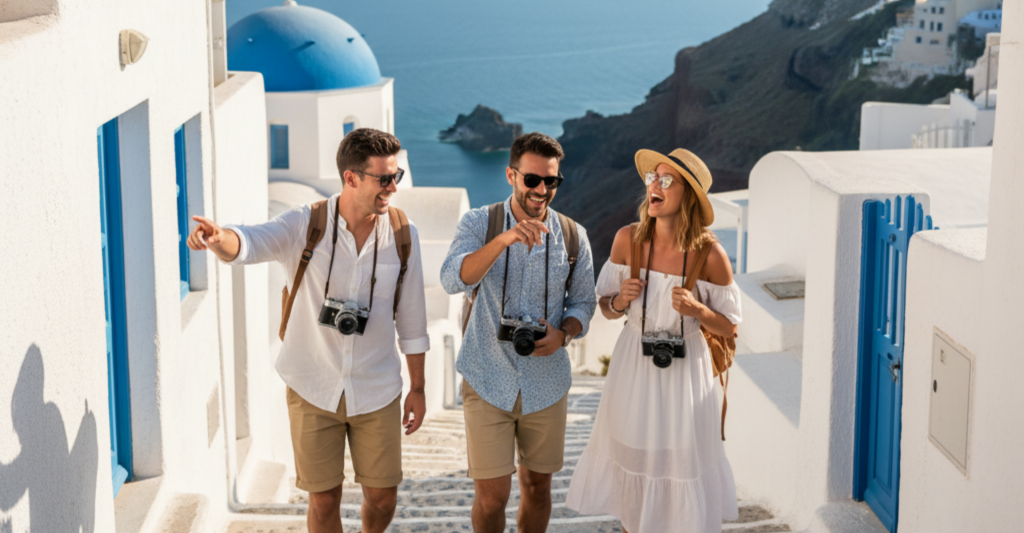 Diversión en grupo durante un viaje en crucero por las islas griegas Grupo de amigos disfrutando por calles típicas de Grecia durante su viaje en crucero