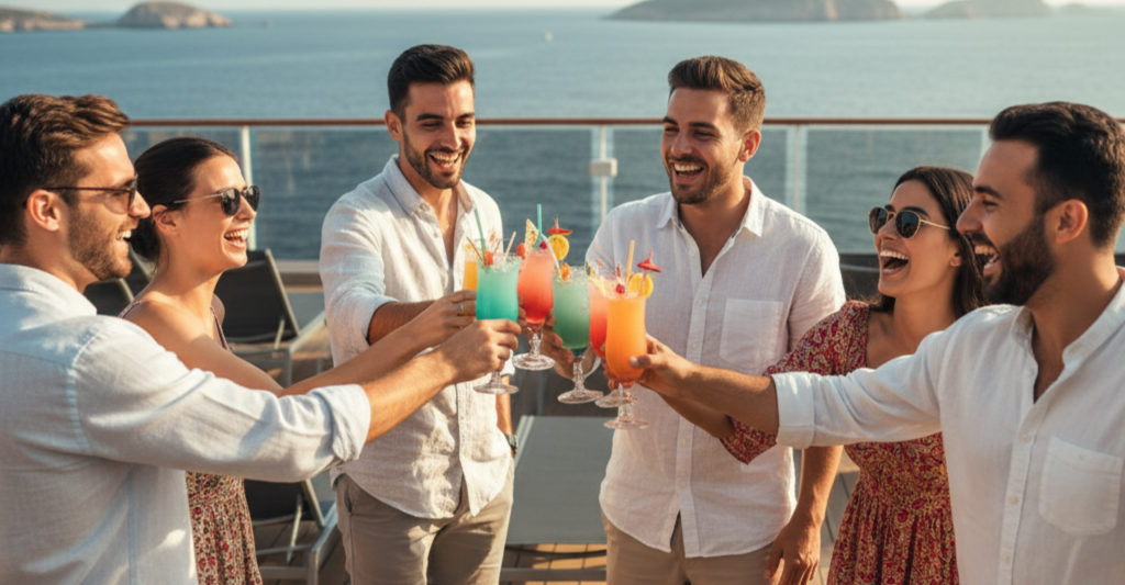 Amigos brindando en la cubierta del crucero