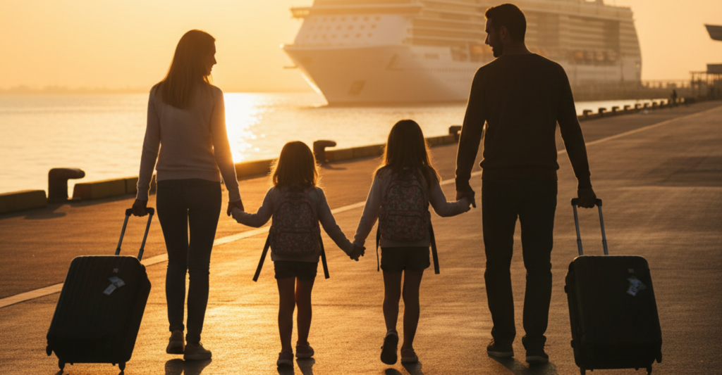 Familia caminando hacia el puerto con maletas y el crucero al fondo al amanecer.
