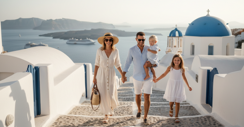 Familia disfrutando de la vista en Santorini con casas blancas y cúpulas azules.