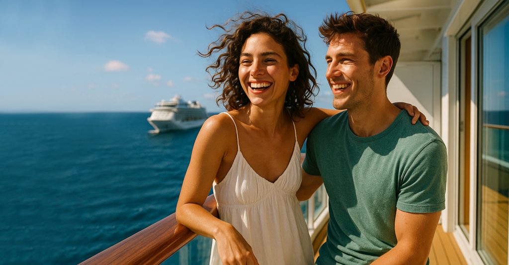 Pareja feliz en un crucero de camino a Turquía Fotografía de una pareja feliz a bordo de un crucero en el mar de camino a realizar su escala en Turquía
