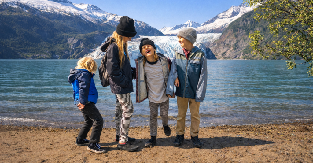 Fotografía de un grupo de niños felices en alaska, destino de crucero