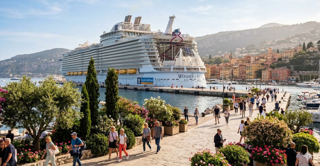 Fotografía de un Crucero RCI en primavera atracado en un encantador puerto 