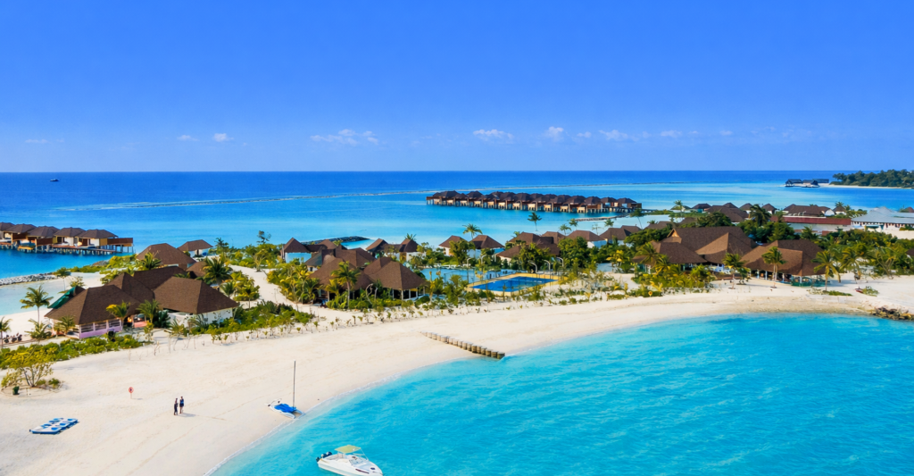Fotografía de un centro turístico en la playa en las Maldivas, destino de crucero