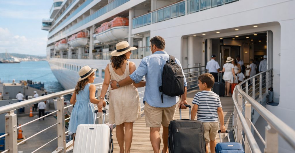 Imagen de una familia, cargados de maletas, subiendo a bordo de un crucero