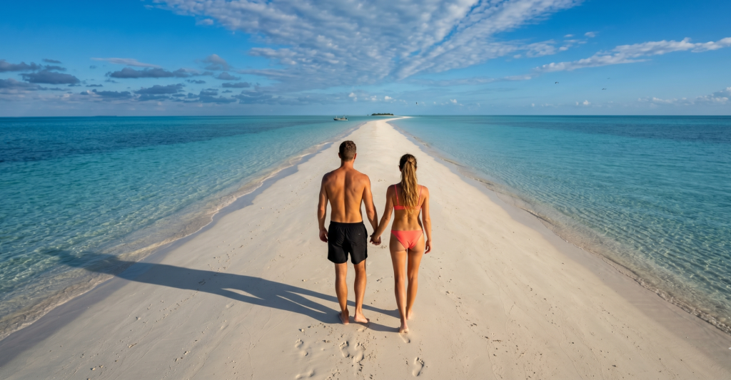 Aprovechando su escala de cruceros, una pareja pasea por una Playa en las Bahamas Imagen de una pareja paseando por una Playa en las Bahamas, aprovechando su escala de cruceros