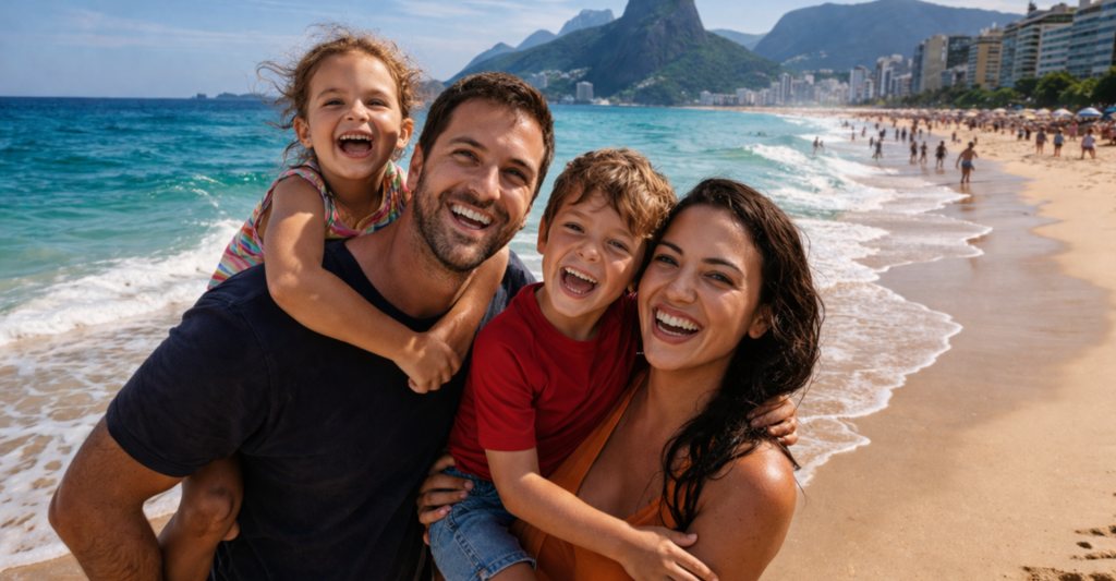 Fotografía de una familia en las playas de Copacabana, Brasil, destino de crucero