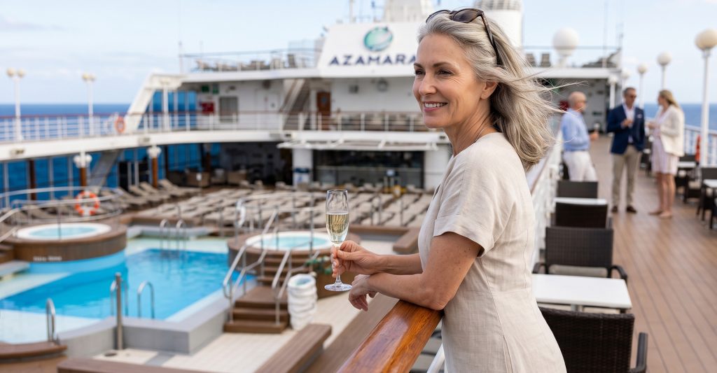 Mujer disfrutando de una copa en la cubierta de un crucero Azamara junto a la piscina