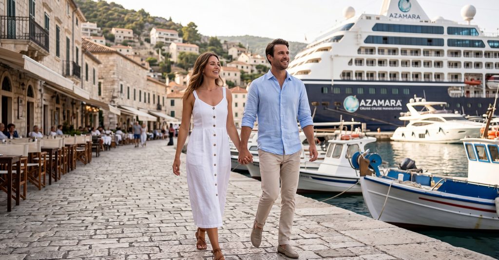 Pareja paseando por un puerto mediterráneo durante una escala de crucero Azamara