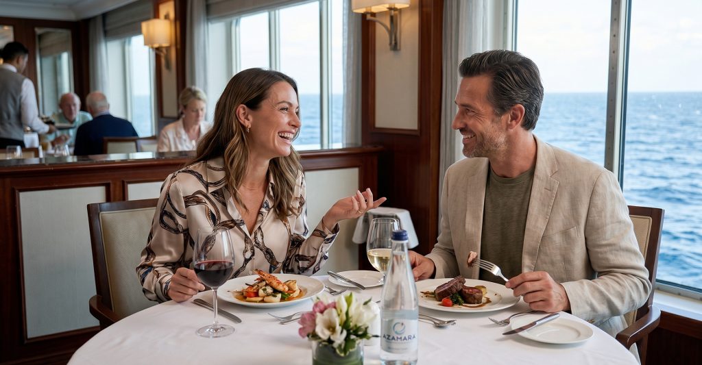 Pareja cenando en el restaurante de un crucero Azamara con vistas al mar
