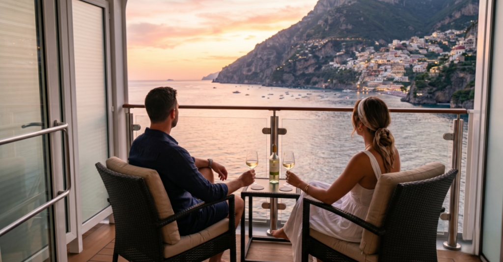 Pareja relajada sentada en las sillas de la terraza privada de su camarote con balcón mientras contemplan el atardecer sobre un pintoresco pueblo costero mediterráneo.