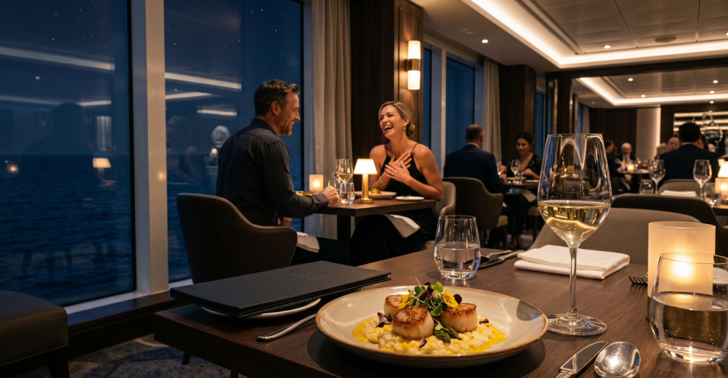 Pareja sonriente cenando en una mesa elegante junto al gran ventanal de un restaurante premium a bordo de un crucero con vistas nocturnas al mar.