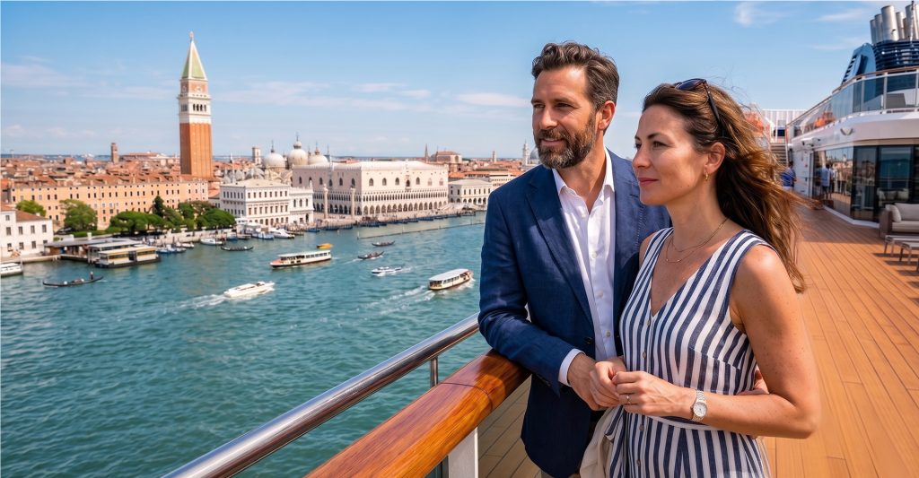 Navegar frente a Venecia, una de las vistas más espectaculares de un crucero por el Adriático Pareja observando Venecia desde la cubierta de un crucero navegando por la laguna