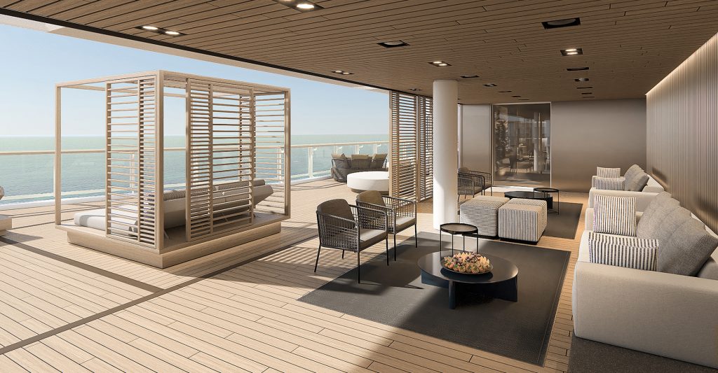 Área lounge privada de The Haven a bordo de Norwegian Cruise Line Lounge exterior exclusivo de The Haven con zonas privadas de descanso y vistas al océano, de Cruceros NCL