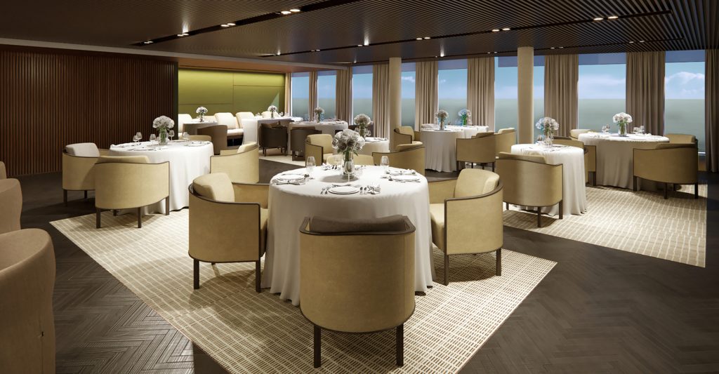 El restaurante privado de The Haven, de Cruceros NCL Restaurante exclusivo de The Haven, de Cruceros NCL, con servicio privado y vistas al océano