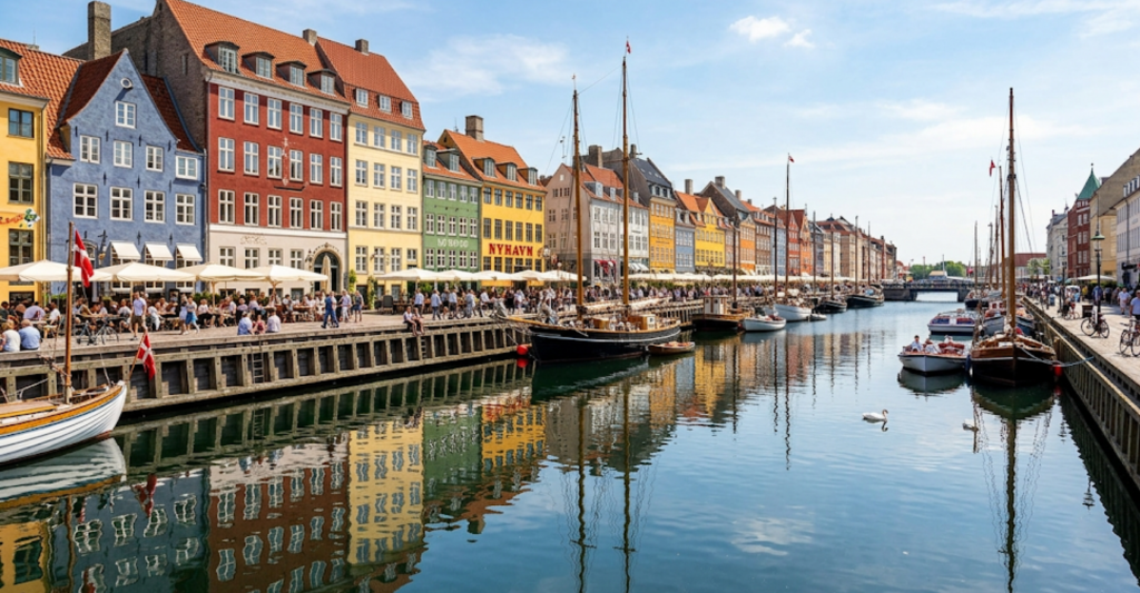 Escala de crucero en Copenhague, Dinamarca. Vistas del emblemático canal de Nyhavn en Copenhague con sus coloridas fachadas y barcos amarrados.