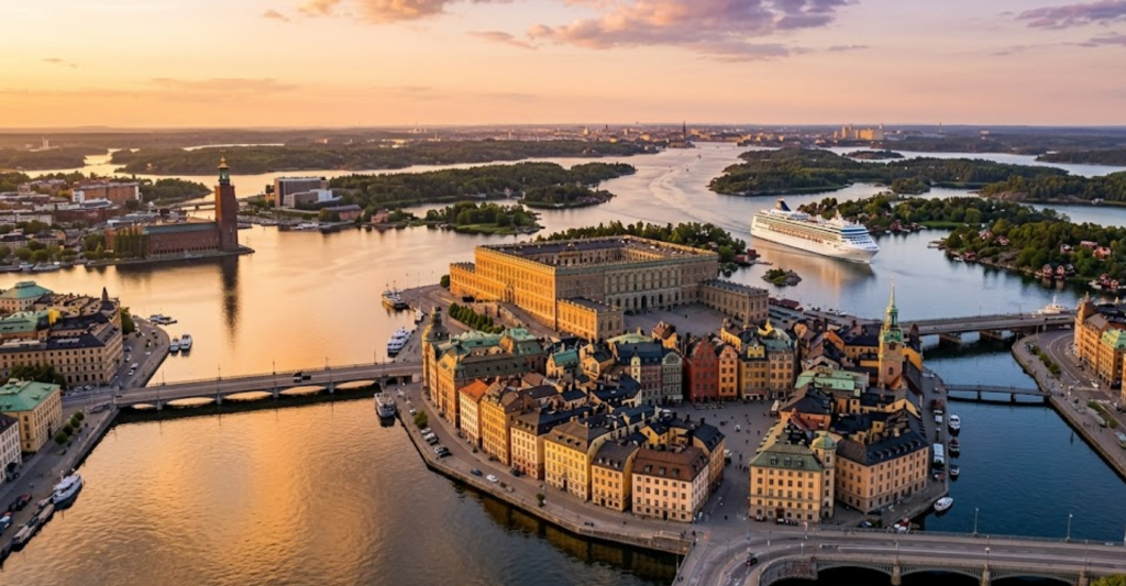 Espectacular entrada en crucero a la ciudad de Estocolmo. Vista aérea panorámica de Gamla Stan en Estocolmo al atardecer con un barco de crucero navegando por el archipiélago.