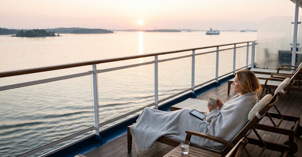 Relax y vistas exclusivas desde el balcón privado de un crucero. Mujer relajada en una tumbona del balcón de un crucero premium, tapada con una manta y tomando café mientras contempla el amanecer sobre el Mar Báltico.