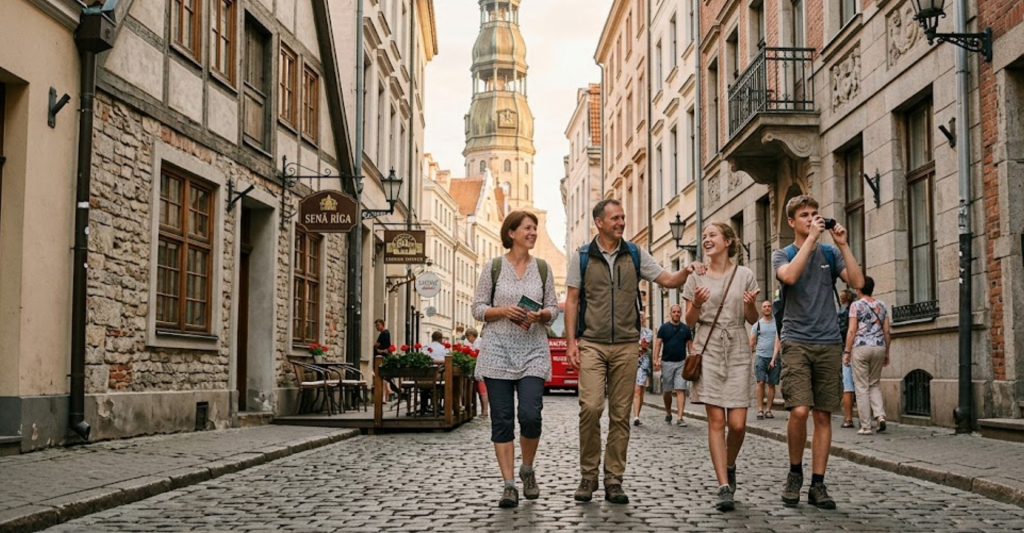 Turismo y excursiones en el casco antiguo de Riga Grupo de turistas paseando por las calles empedradas del centro histórico de Riga con la torre de la iglesia al fondo.