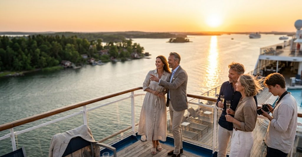 Atardecer en alta mar durante un crucero por el Báltico. Pasajeros disfrutando del atardecer y de las vistas de los archipiélagos desde la cubierta exterior de un crucero premium.