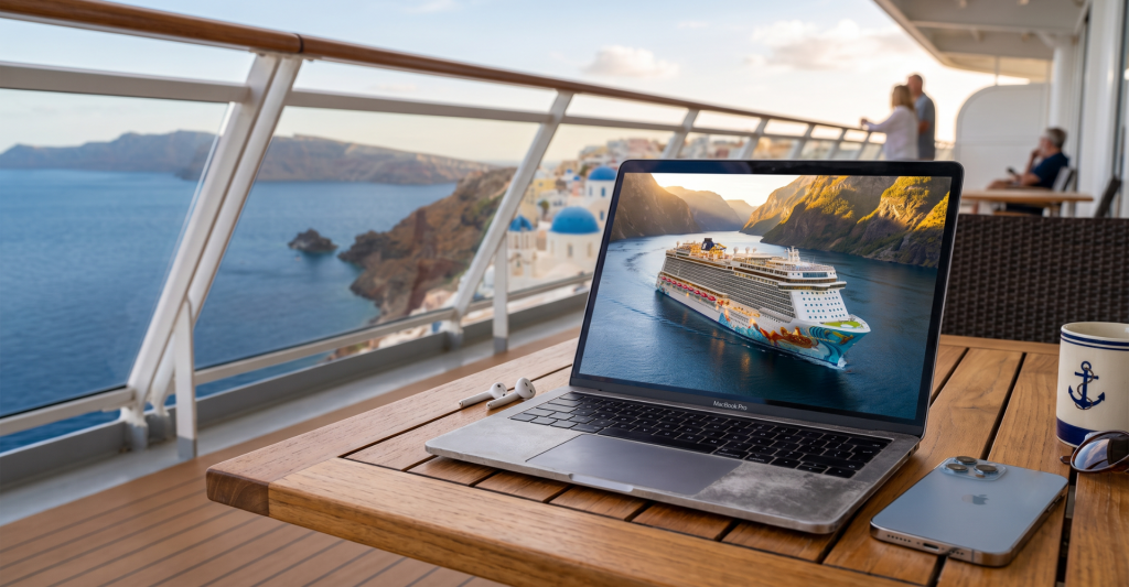 Trabajar o navegar por Internet desde el balcón de un crucero Ordenador portátil y móvil sobre la mesa del balcón de un crucero con vistas al mar, mostrando el uso de la conexión WiFi a bordo
