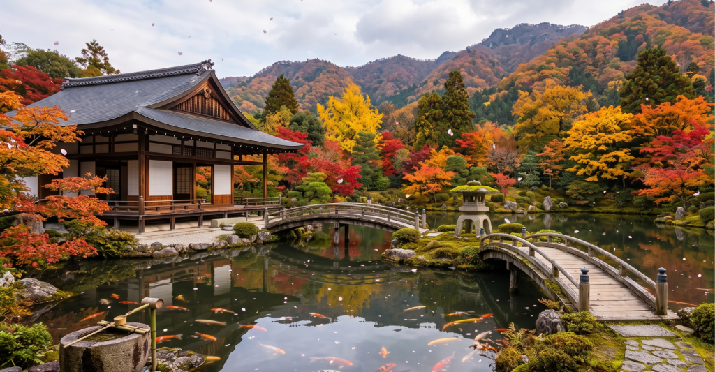 Jardín tradicional japonés en otoño con estanque de carpas koi y puente de madera