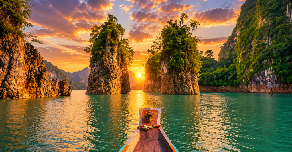 Barca tradicional de madera navegando al atardecer entre islotes de piedra en Tailandia