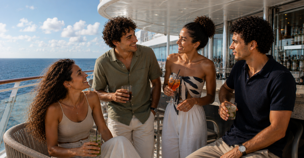 Grupo de amigos tomando algo y conversando en un bar al aire libre de un crucero