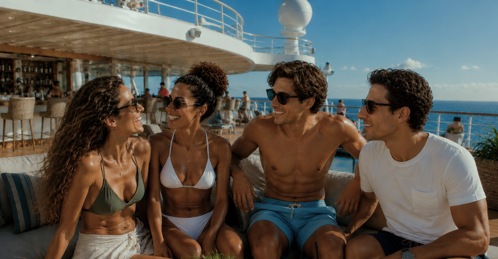 Diversión con amigos durante un viaje de fin de carrera en crucero Grupo de amigos relajándose junto a la piscina en la cubierta de un crucero
