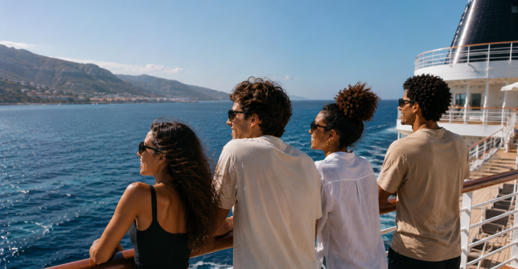 Vistas al mar durante un viaje de fin de carrera en crucero Grupo de amigos contemplando el mar desde la cubierta de un crucero