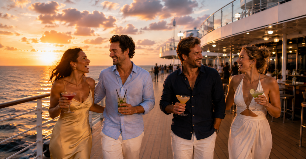 Amigos disfrutando de una fiesta en la cubierta de un crucero Grupo de amigos con cócteles disfrutando de una fiesta al atardecer en la cubierta de un crucero