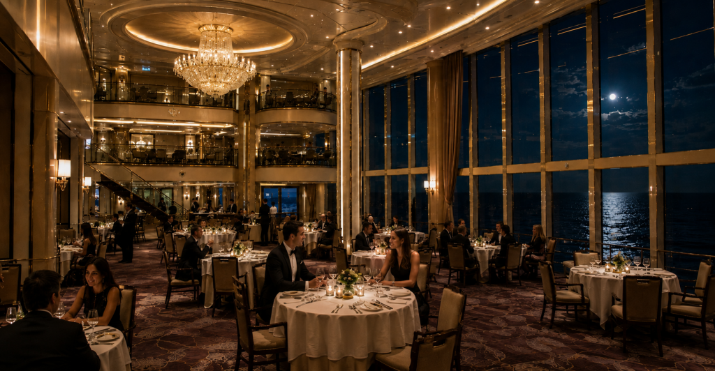 Cena de gala en el salón comedor de un crucero de lujo Salón comedor principal de un crucero de lujo durante una cena de gala
