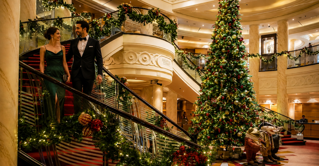 Vive la magia de la Navidad y Fin de Año a bordo de un crucero Atrio central de un crucero de lujo decorado con un gran árbol de Navidad y luces doradas