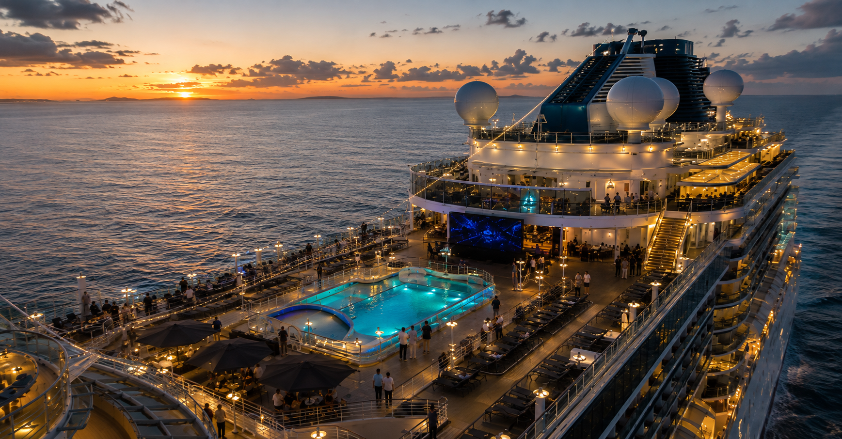 crucero-lujo-piscina-iluminada-atardecer crucero-lujo-piscina-iluminada-atardecer