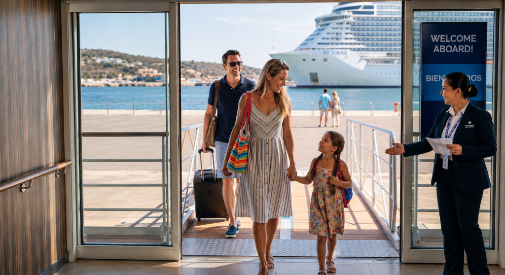 Embarca con tranquilidad conociendo las condiciones de tu crucero Familia embarcando en un crucero mientras el personal de la naviera les da la bienvenida en la terminal