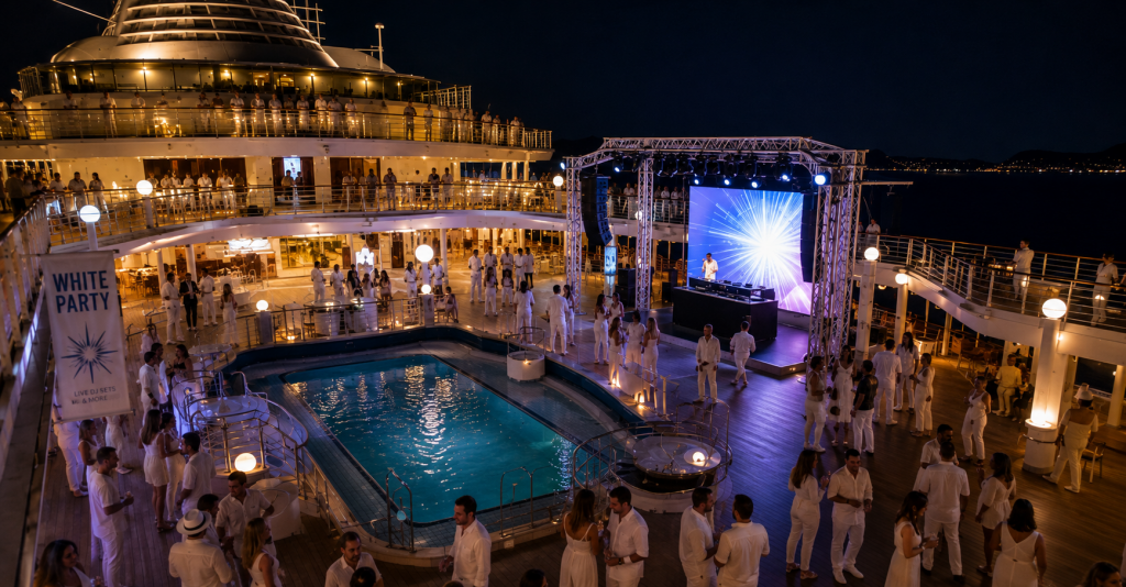 Fiesta Blanca a bordo de un crucero: música, piscina y diversión bajo las estrellas Fiesta Blanca nocturna en la cubierta de un crucero junto a la piscina, con pasajeros vestidos de blanco y DJ