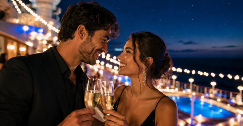 Pareja brindando con champagne en un crucero de lujo Pareja brindando con champagne en la cubierta de un crucero de lujo durante la noche