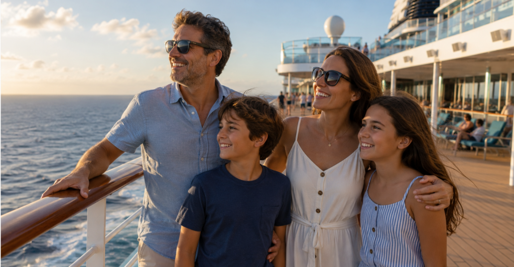 Viaja con tranquilidad y disfruta de tu crucero con total confianza Familia disfrutando de las vistas desde la cubierta de un crucero durante la navegación