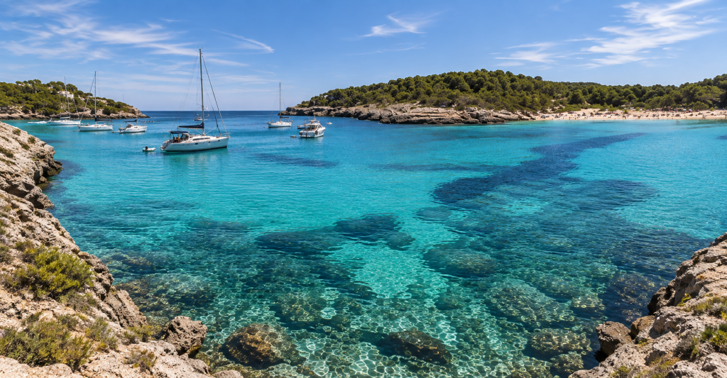Cala de aguas turquesas en Mallorca Vista aérea de una cala de Mallorca con aguas cristalinas, acantilados y barcos